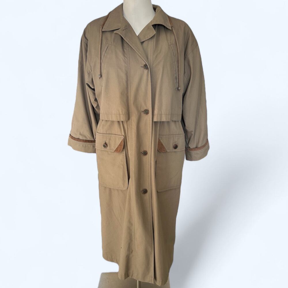 Vintage 80s Trench Coat Fleet Street Tan Leather Trimmed Women's 4 Petite Preppy